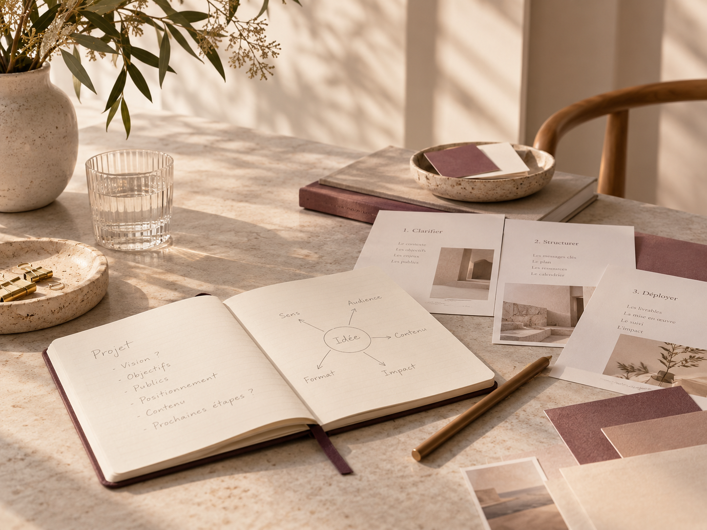 Carnet ouvert, notes de projet et documents de travail dans un univers éditorial Happy Cocoon.
